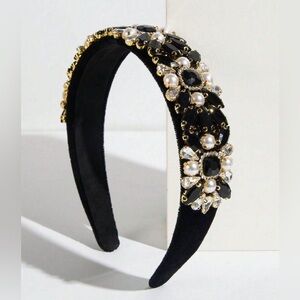 Jewel Decorated Headband with Wide Side and Faux Pearl Detail NEW